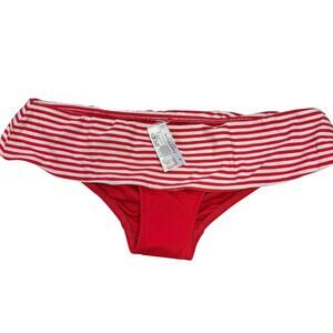 Seafolly Women's Size 10 Fold Over Waistband Red White Striped Ruffle NEW